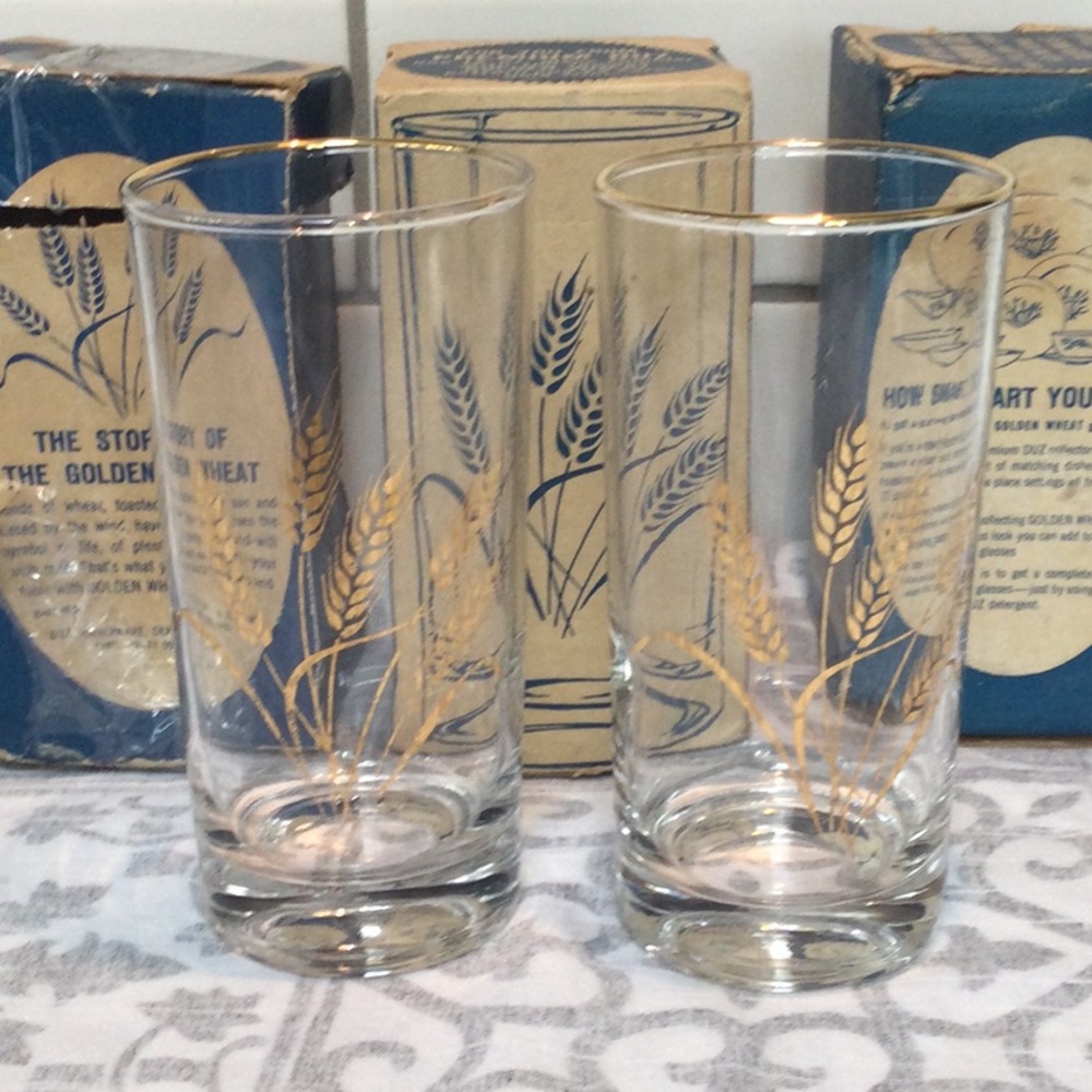 Three golden wheat beverage 12 oz glasses from 1950-60’s. A Duz promotion.